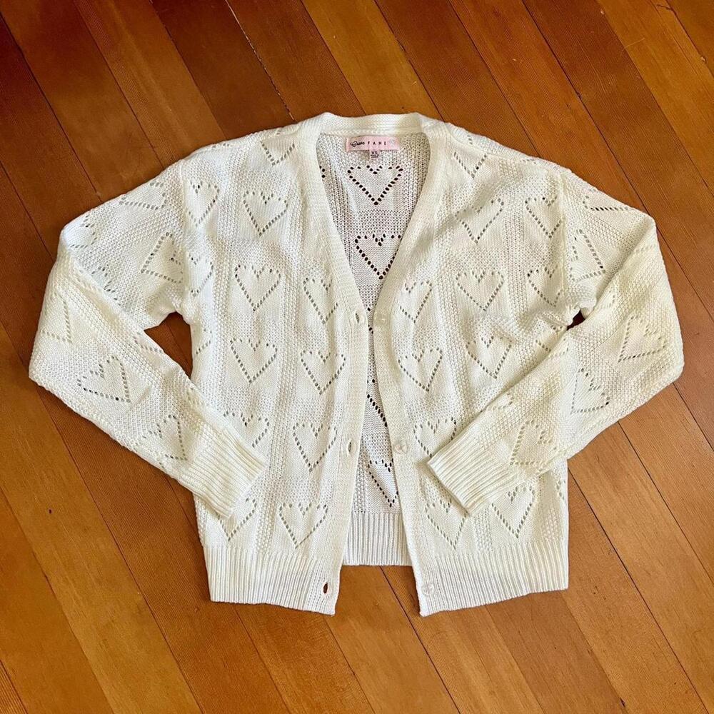 Crave Fame Vintage Y2K Sweatheart White Heart Cut-Out Cardigan, Size XS